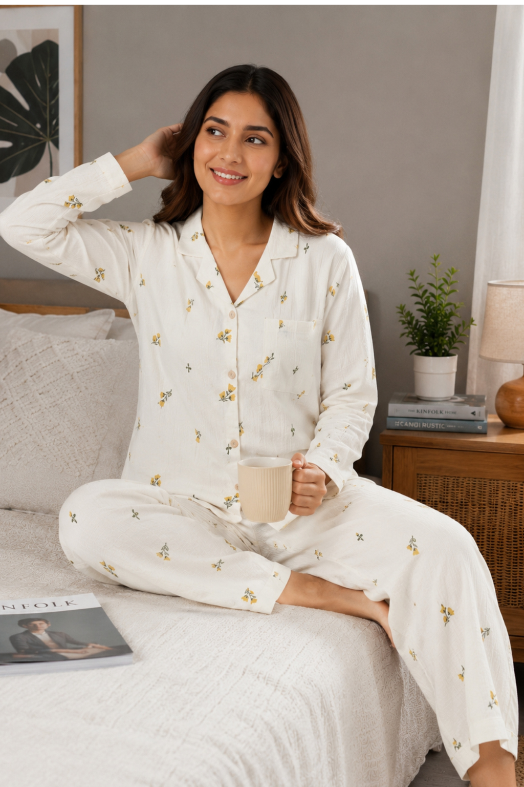 Women Night Suit Cotton Muslin Pyjama Set | Soft Printed Full Sleeve Sleepwear
