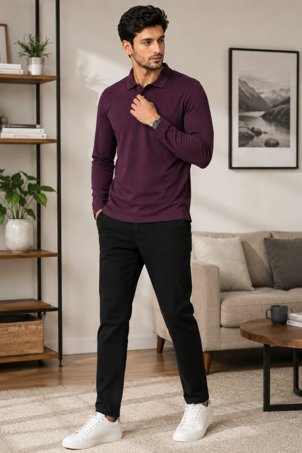 Camey Men's Plain Solid Long Sleeve Polo T-Shirt for men | Collared Casual Cotton Blend Tee with Chest Pocket