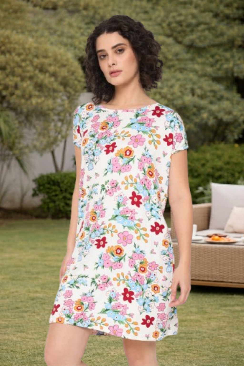 Camey Ladies Night Dress – Ideal for a Sound Sleep | Women's Printed Nightgown, Short Sleeve Sleep Dress, Short Length, Short Nighty, White Red