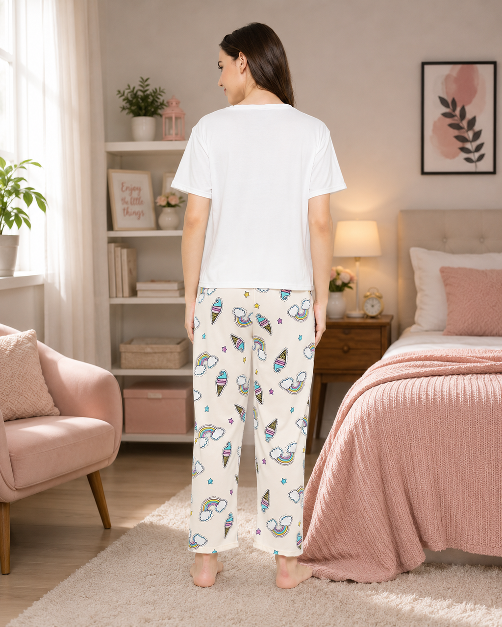 Women Printed Pyjama Set | Short Sleeve T-Shirt and Trousers | Women Night Suit