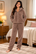 Women Solid hooded Comfortable Winter Nightwear Pyjama Set with Pocket