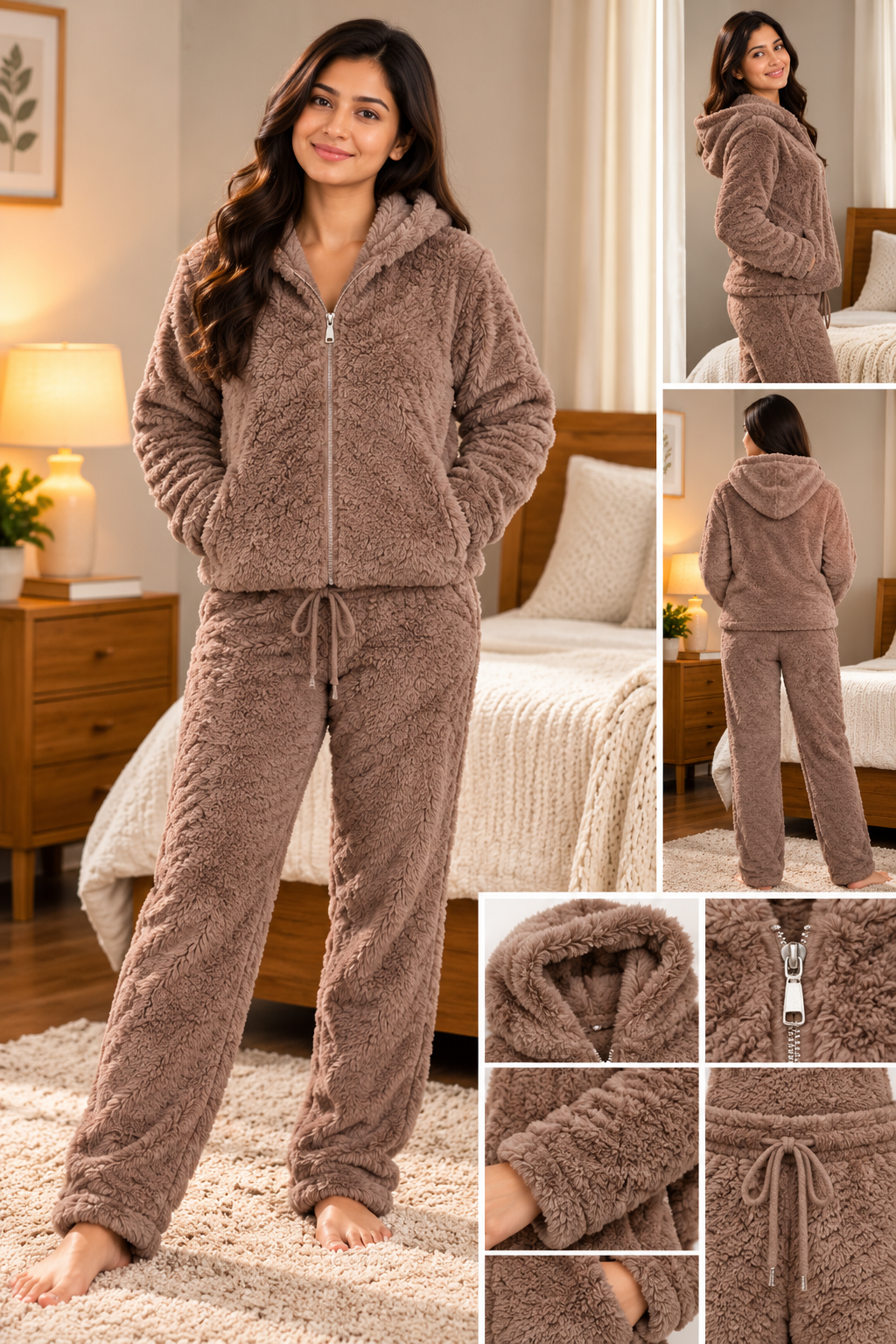 Women Solid hooded Comfortable Winter Nightwear Pyjama Set with Pocket