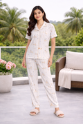 Women Night Suit Printed Cotton Pyjama Set with Shirt Collar & Pocket