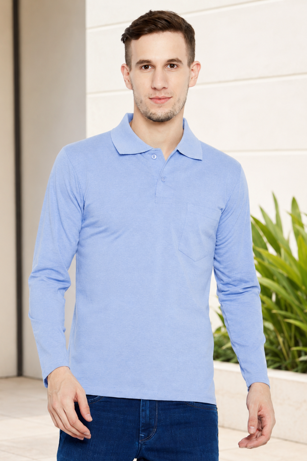 Purchase Camey Men's Cotton Tees – Light, Long-Lasting Wear | Men's Light Blue Full Sleeves Cotton Polo T-Shirt