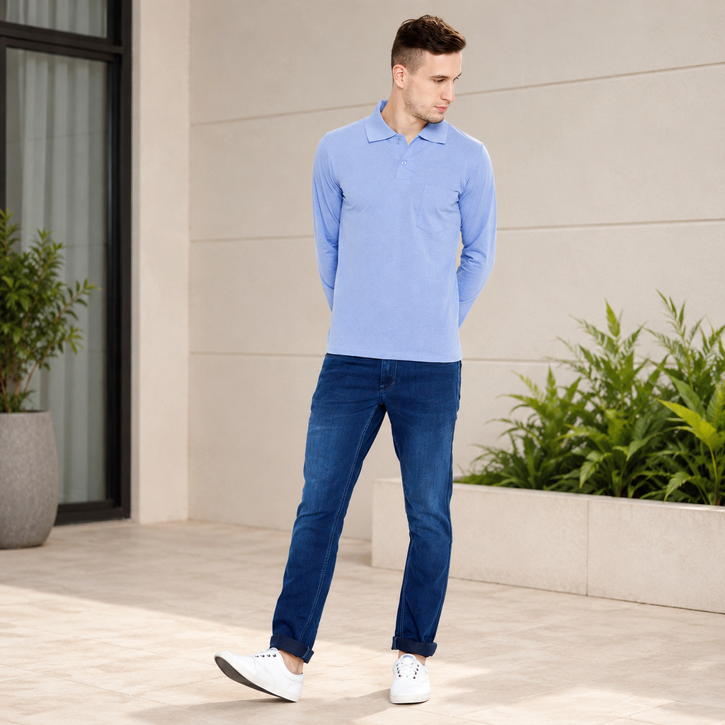 Purchase Camey Men's Cotton Tees – Light, Long-Lasting Wear | Men's Light Blue Full Sleeves Cotton Polo T-Shirt