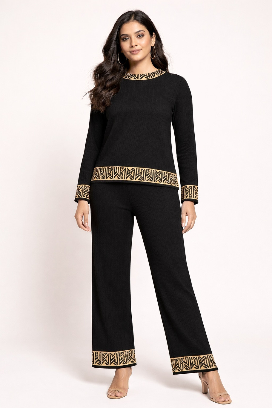 Camey Women Woolen Lounge Wear Set | Full Sleeve with Wide Leg Pants | Soft Warm Winter Co-Ord Set