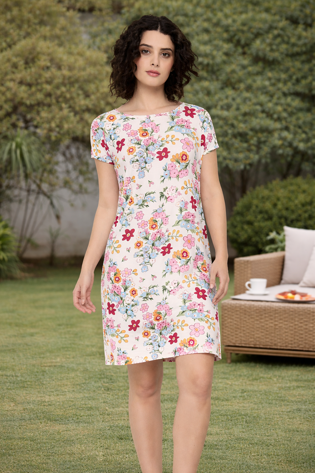 Camey Ladies Night Dress – Ideal for a Sound Sleep | Women's Printed Nightgown, Short Sleeve Sleep Dress, Short Length, Short Nighty, White Red