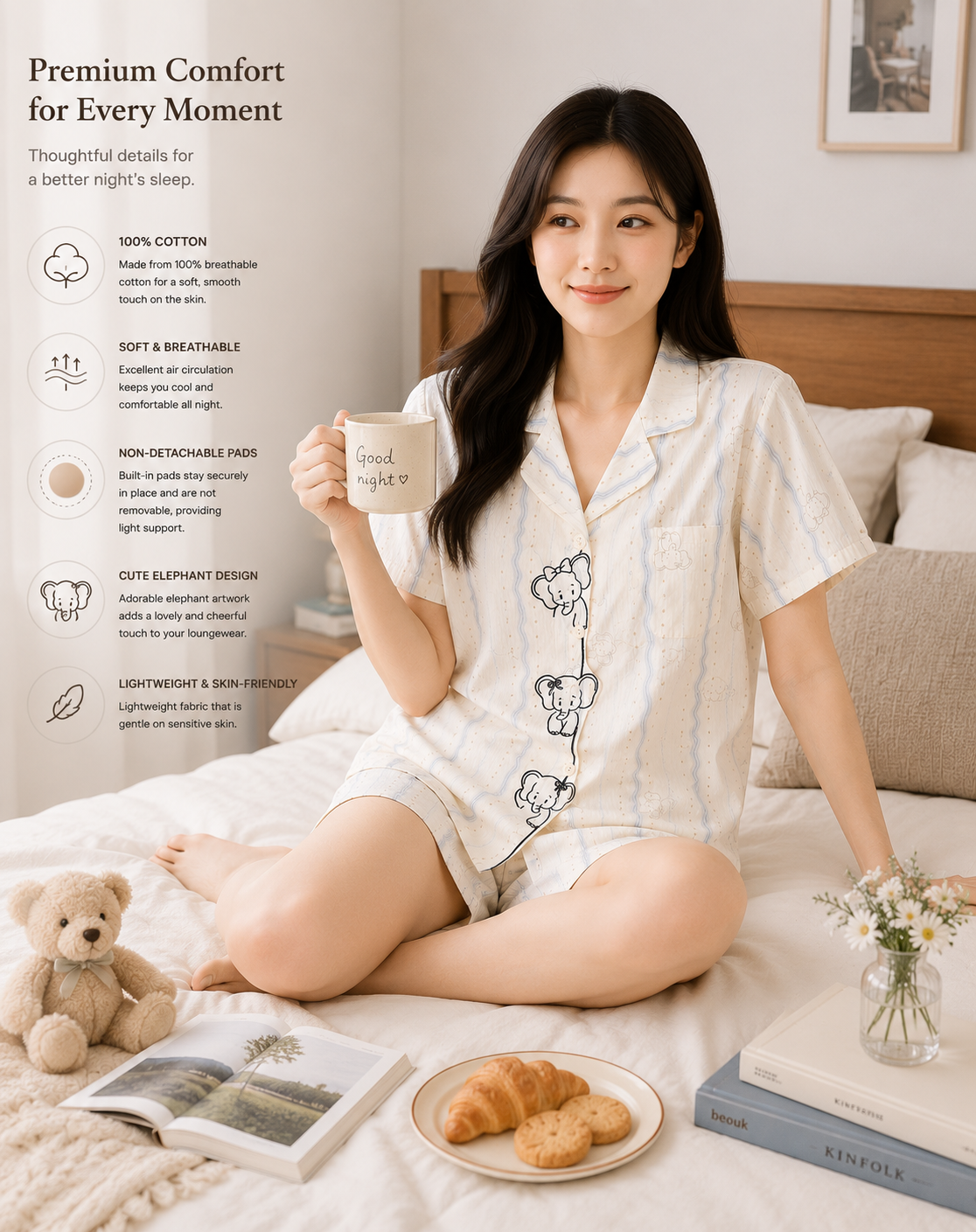 Women Short Set with Padded Shirt | Front Open Korean Night Suit for Women | Half Sleeve Short Set