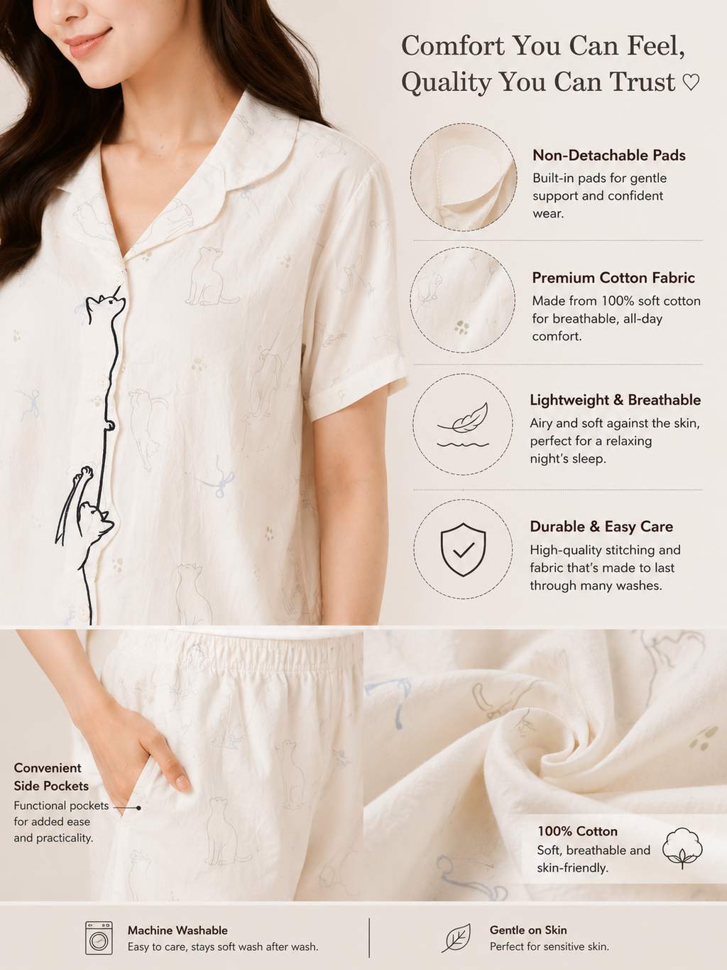 Women Short Set with Padded Shirt | Front Open Korean Night Suit for Women | Half Sleeve Short Set