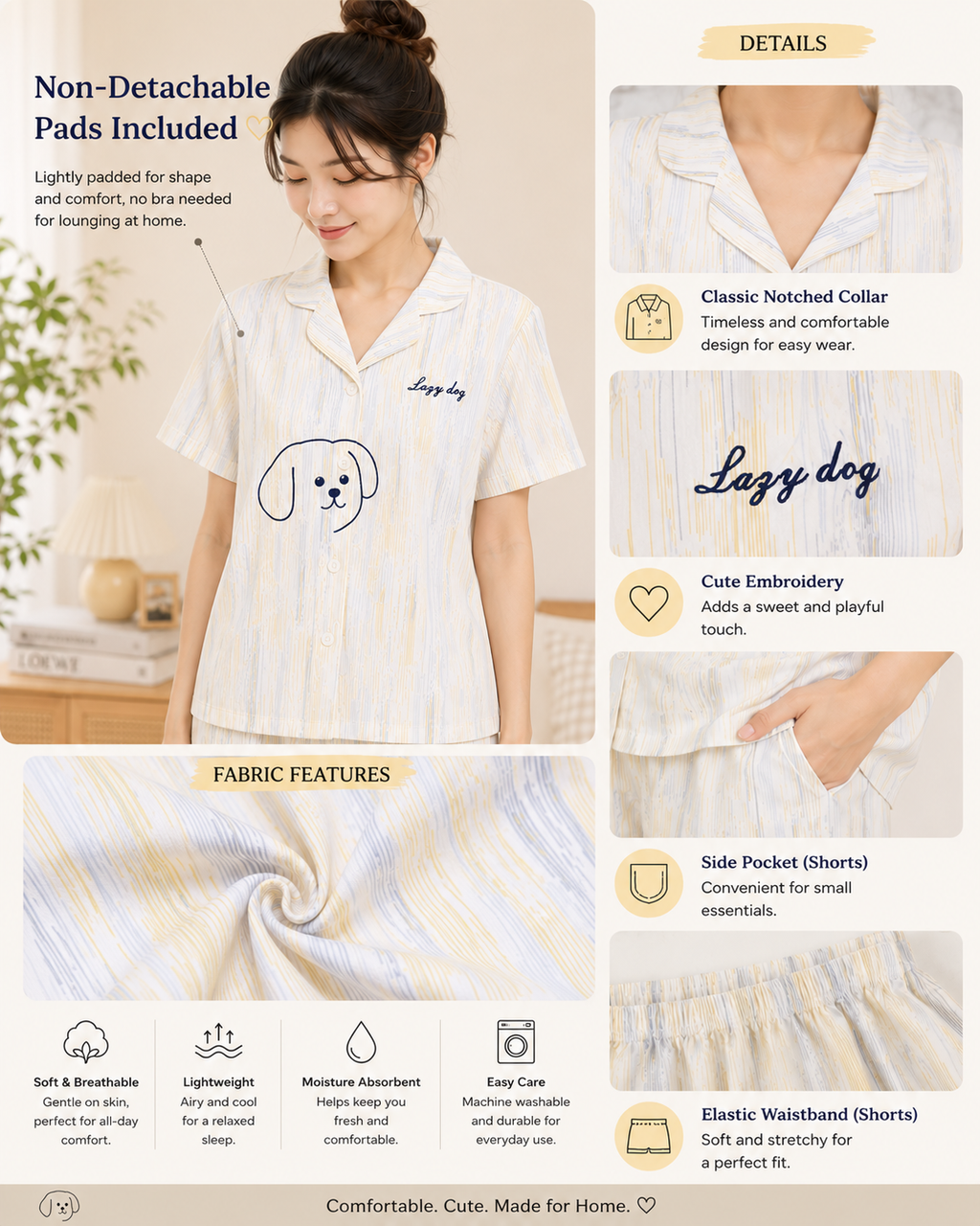 Women Short Set with Padded Shirt | Front Open Korean Night Suit for Women | Half Sleeve Short Set
