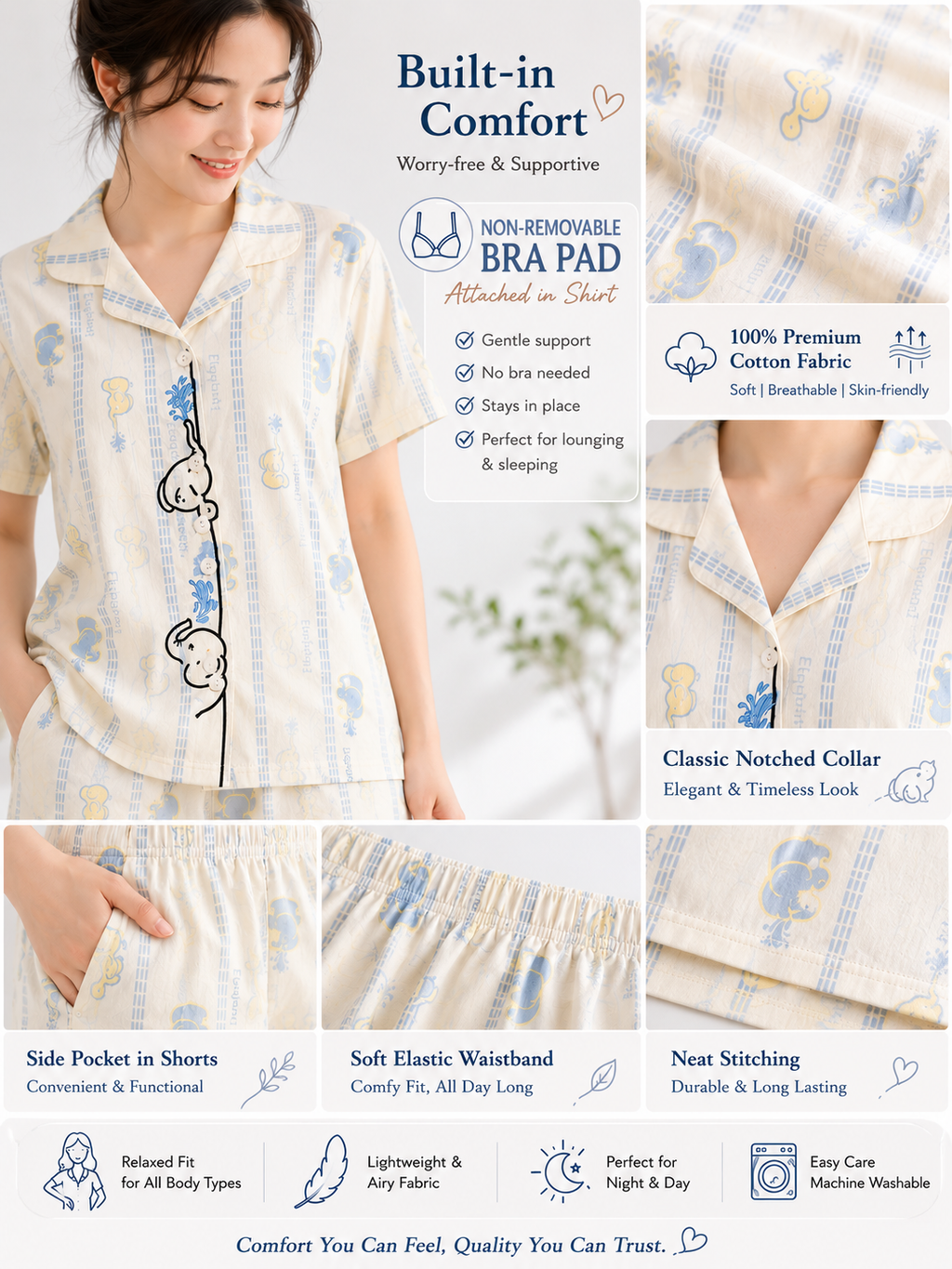 Women Short Set with Padded Shirt | Front Open Korean Night Suit for Women | Half Sleeve Short Set