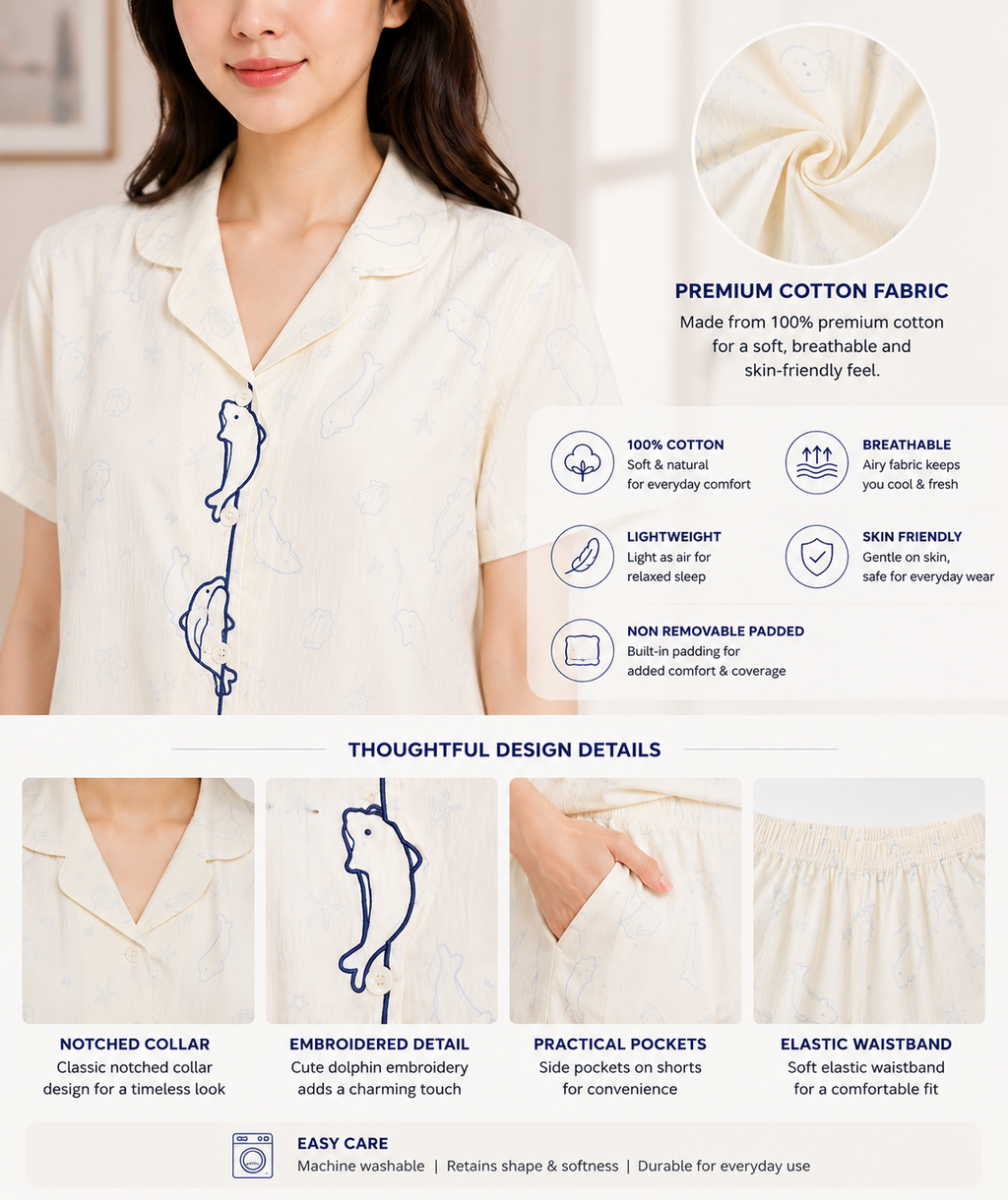 Women Short Set with Padded Shirt | Front Open Korean Night Suit for Women | Half Sleeve Short Set