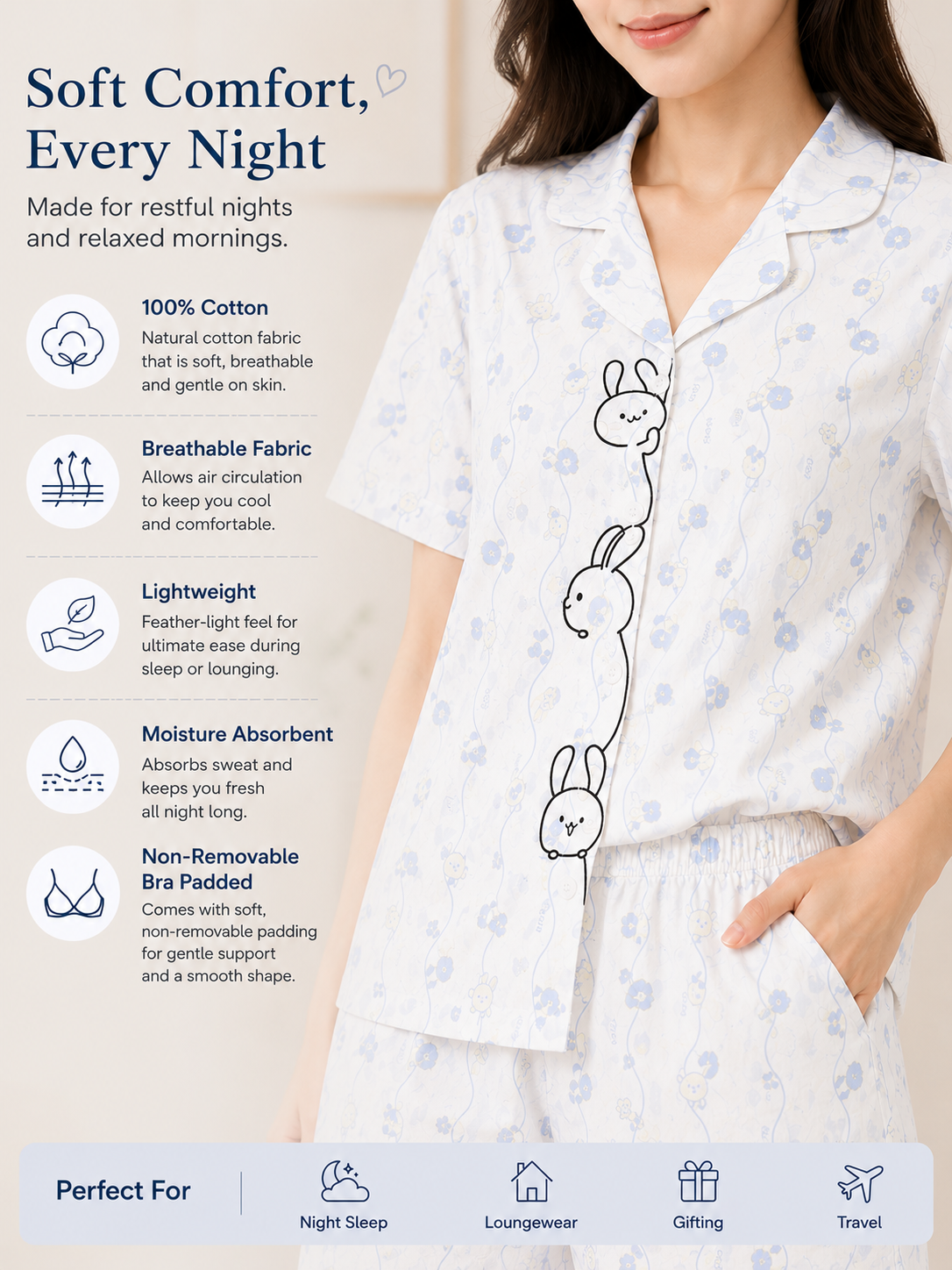 Women Short Set with Padded Shirt | Front Open Korean Night Suit for Women | Half Sleeve Short Set