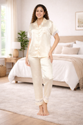 Women's Satin Pyjama Set, Short Sleeve Button-Down Shirt with Full Length Pyjama