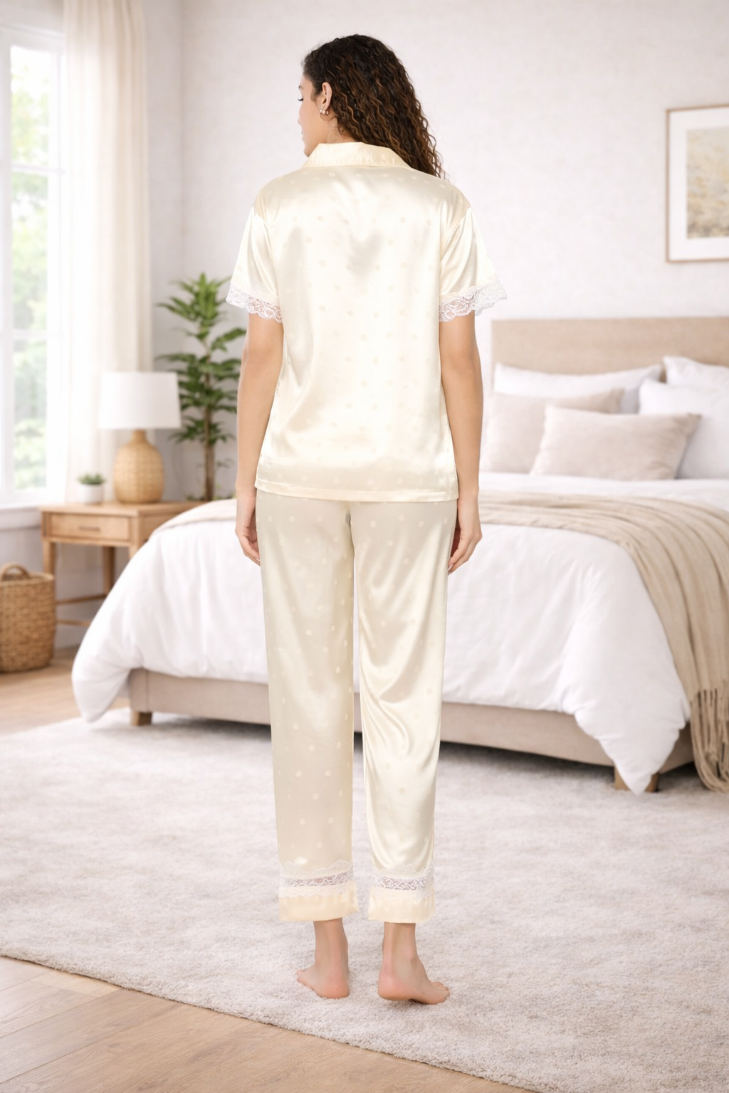 Women's Satin Pyjama Set, Short Sleeve Button-Down Shirt with Full Length Pyjama