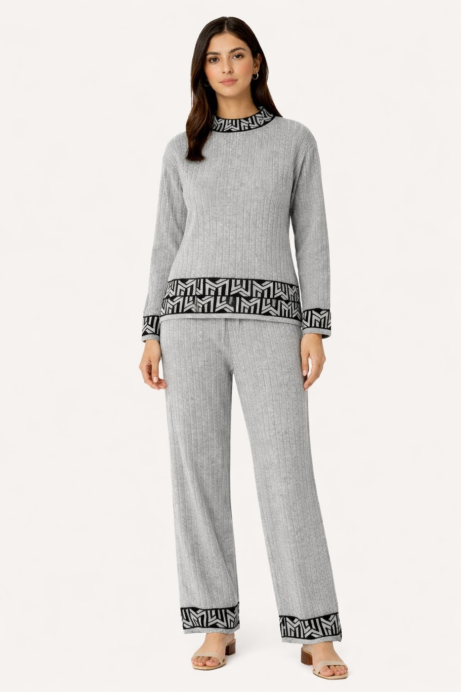 Camey Women Woolen Lounge Wear Set | Full Sleeve with Wide Leg Pants | Soft Warm Winter Co-Ord Set