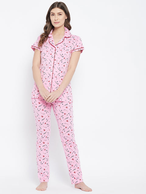 Pink Heart Print Button Me Up Shirt & Pyjama Set in Cotton - Camey Shop