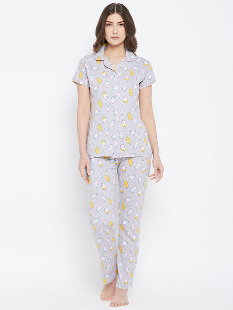 Grey Ice Cream Print Button Me Up Shirt & Pyjama Set in Cotton - Camey Shop