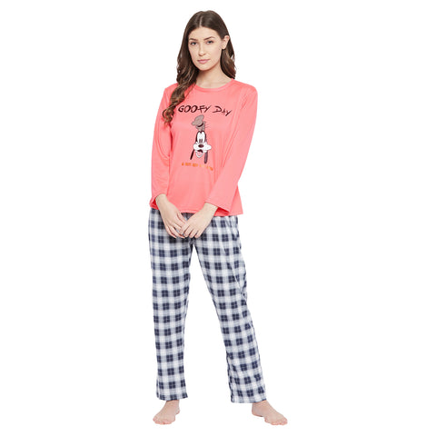 Text & Graphic Print Top & Pyjama Set in Peach