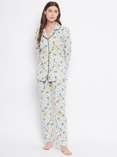 White Print Me Pretty Button Me Up Shirt & Bottom Set in Cotton - Camey Shop