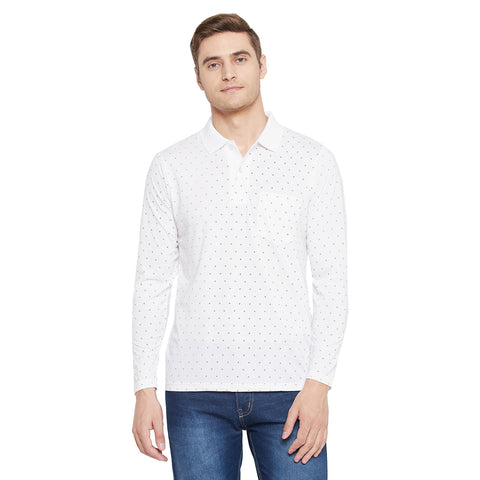 Men's White Full Sleeves Cotton Polo Printed T-Shirt - Camey Shop