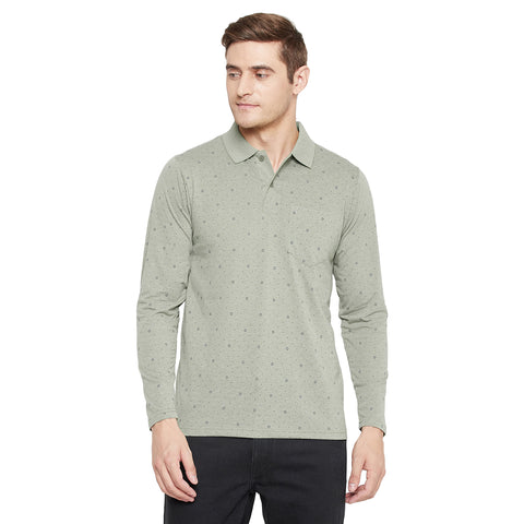 Men's Dark Green Full Sleeves Cotton Polo Printed T-Shirt - Camey Shop
