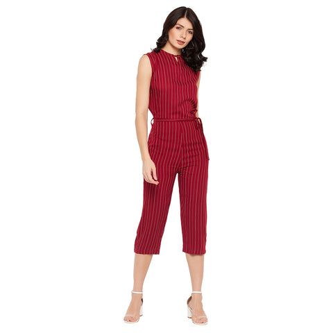 Women Printed Crepe Sleeveless Red Jumpsuit - Camey Shop