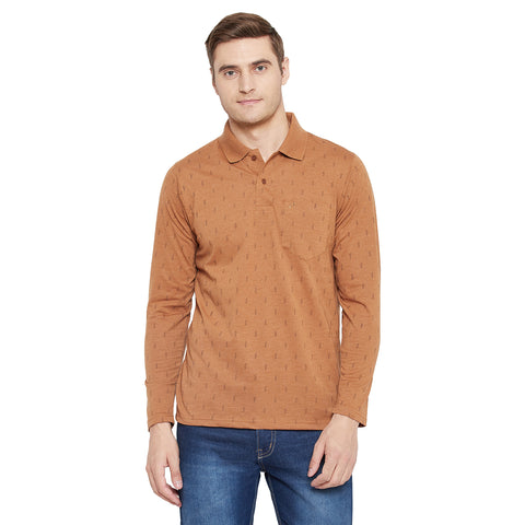 Men's Mustard Full Sleeves Cotton Polo Printed T-Shirt - Camey Shop
