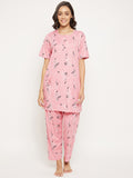 Camey Women's Viscose Printed Short Sleeve Top and Pajama Pants Regular Fit Night Suit Round Collarless Top and Pyjama Set Ladies Night Dress - Camey Shop