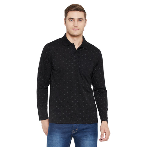 Men's Black Full Sleeves Cotton Polo Printed T-Shirt - Camey Shop