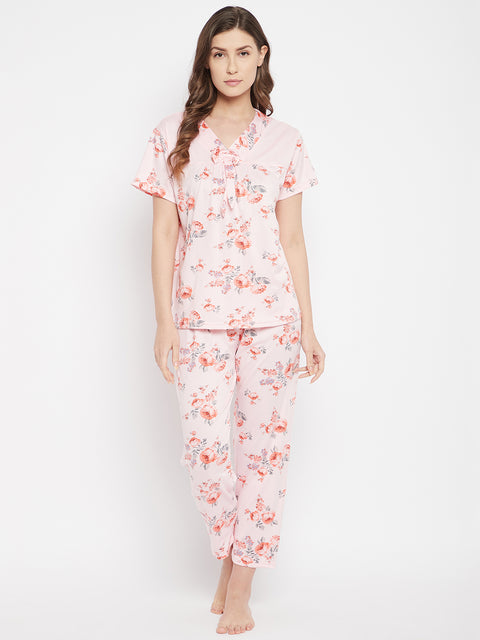 Floral Print Top & Pyjama Set In Pink - Camey Shop