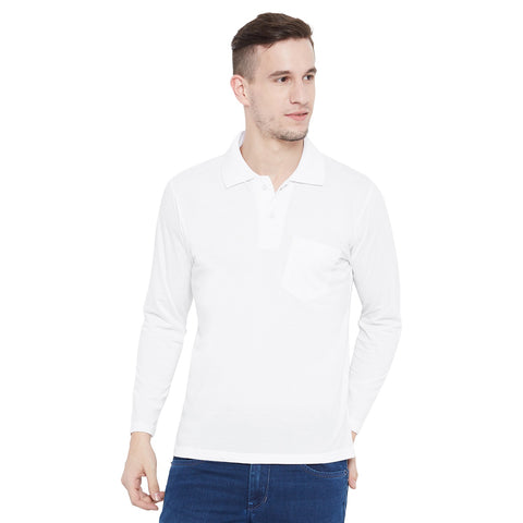 Men's White Full Sleeves Cotton Polo T-Shirt - Camey Shop