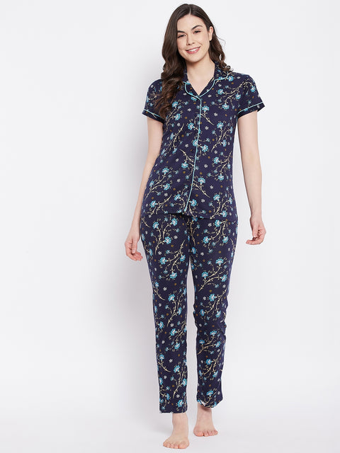 Navy Print Me Pretty Button Me Up Shirt & Bottom Set In Cotton - Camey Shop