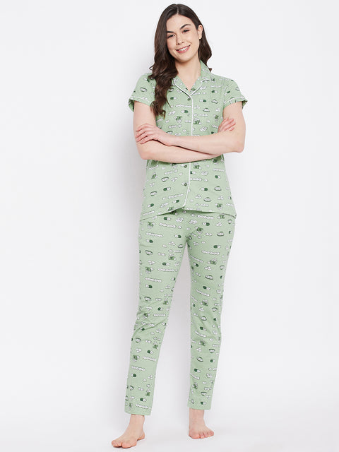 Sage Green Print Me Pretty Button Me Up Shirt & Bottom Set in Cotton - Camey Shop