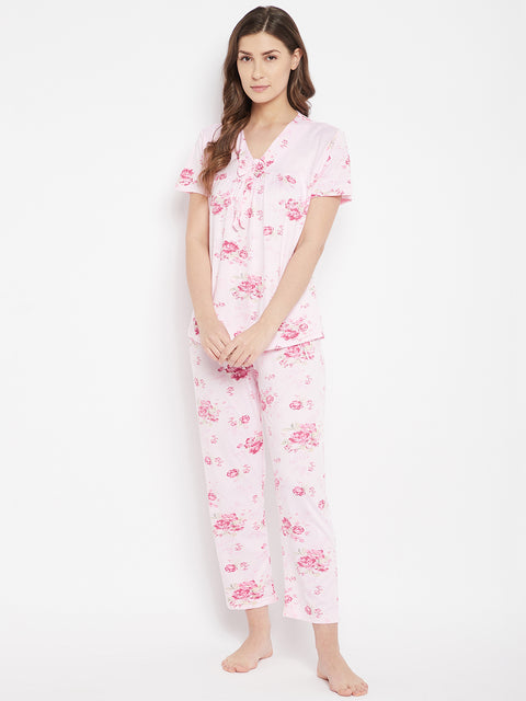 Floral Print Top & Pyjama Set In Pink - Camey Shop