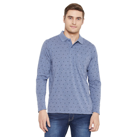 Men's Grey Blue Full Sleeves Cotton Polo Printed T-Shirt - Camey Shop