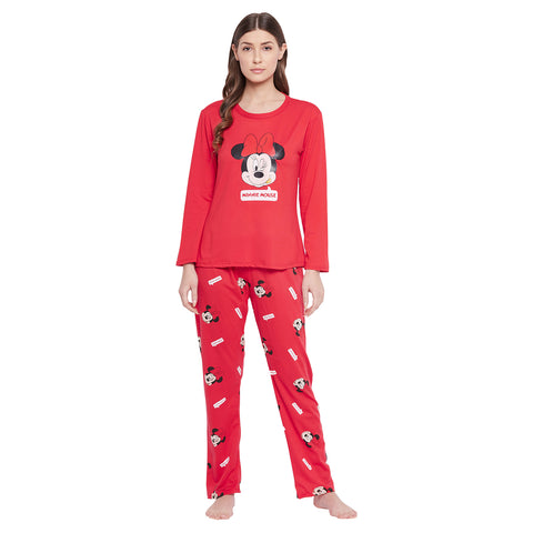 Mickey Text & Graphic Print Top & Pyjama Set in Red