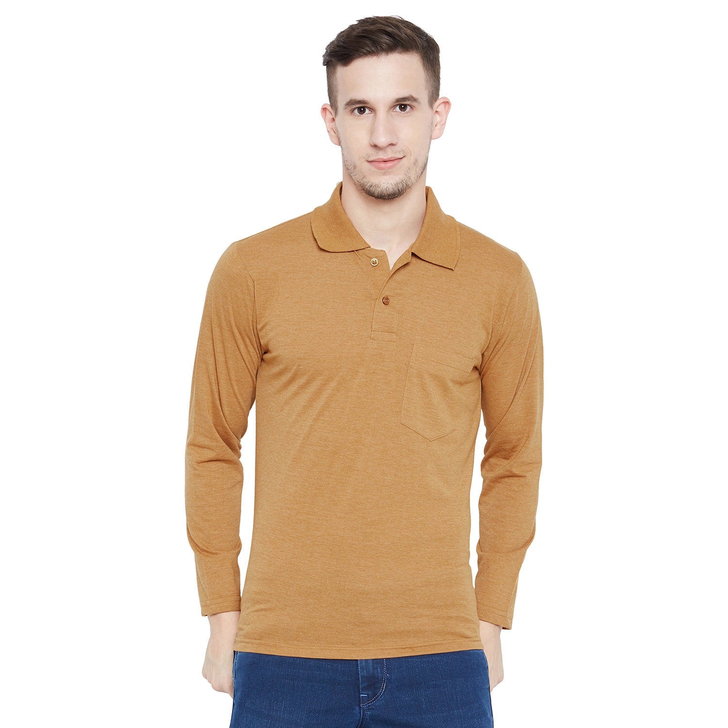 Men's Musturd Full Sleeves Cotton Polo T-Shirt - Camey Shop