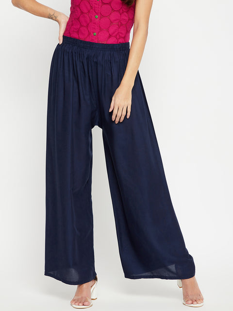 Women Cotton Navy Blue Palazzo - Camey Shop