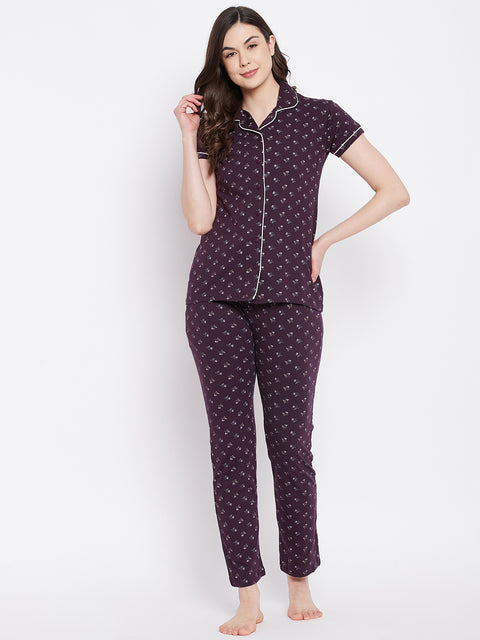 Brown Pretty Florals Button Me Up Shirt & Pyjama in Cotton - Camey Shop