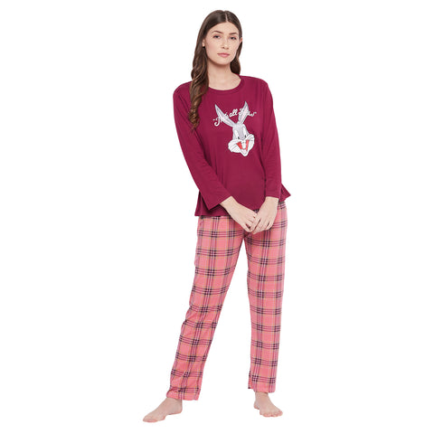 Rabbit Text & Graphic Print Top & Pyjama Set in Marron