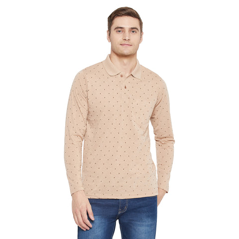 Men's Cream Full Sleeves Cotton Polo Printed T-Shirt - Camey Shop