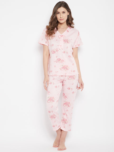 Floral Print Top & Pyjama Set In Pink - Camey Shop