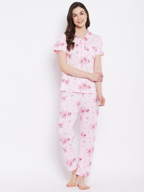 Floral Print Top & Pyjama Set In Pink - Camey Shop