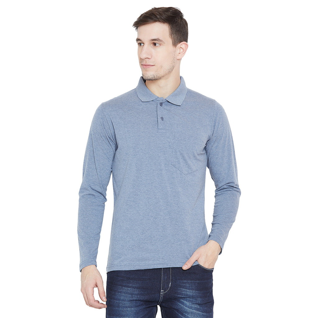 Men's Blue Full Sleeves Cotton Polo T-Shirt - Camey Shop