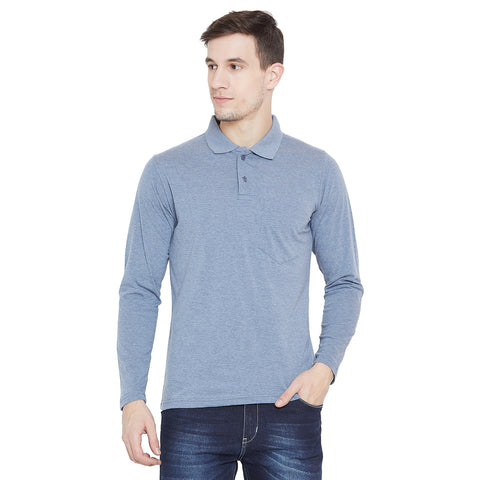 Men's Blue Full Sleeves Cotton Polo T-Shirt - Camey Shop