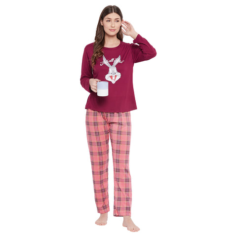 Rabbit Text & Graphic Print Top & Pyjama Set in Marron