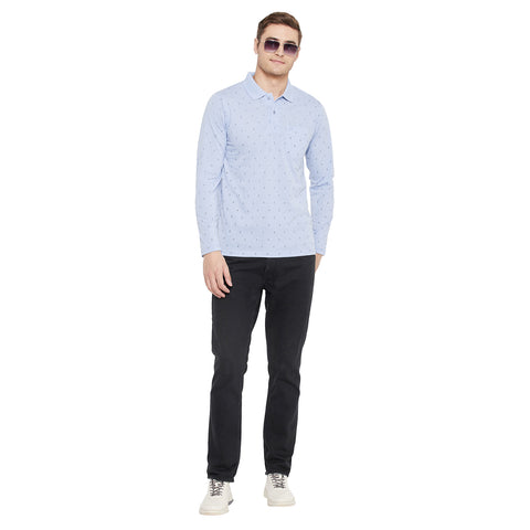 Men's Light Blue Full Sleeves Cotton Polo Printed T-Shirt - Camey Shop