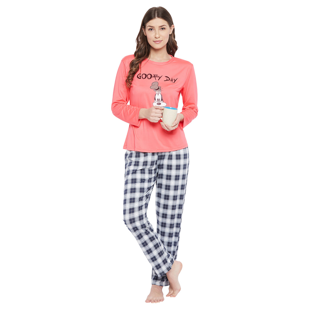 Text & Graphic Print Top & Pyjama Set in Peach