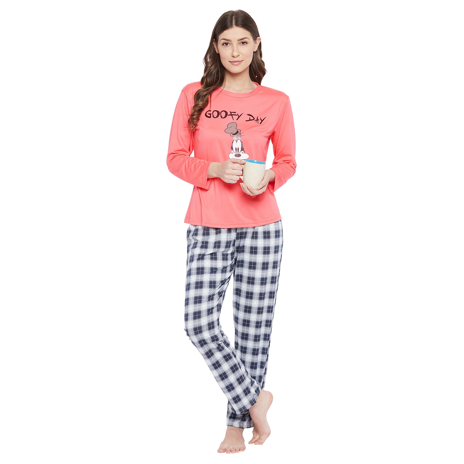 Text & Graphic Print Top & Pyjama Set in Peach